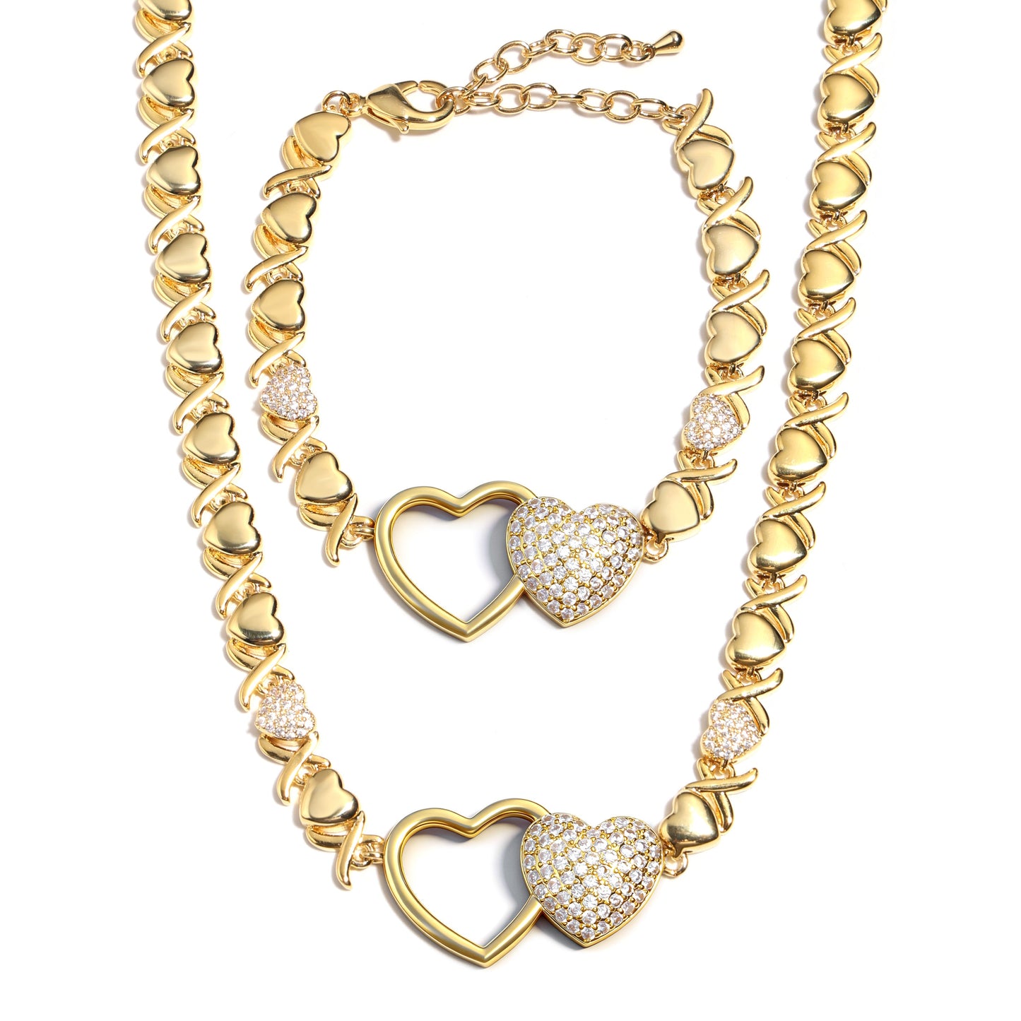 Entwined Hearts XO Chain Necklace: Hollow & Pave Diamond Duo