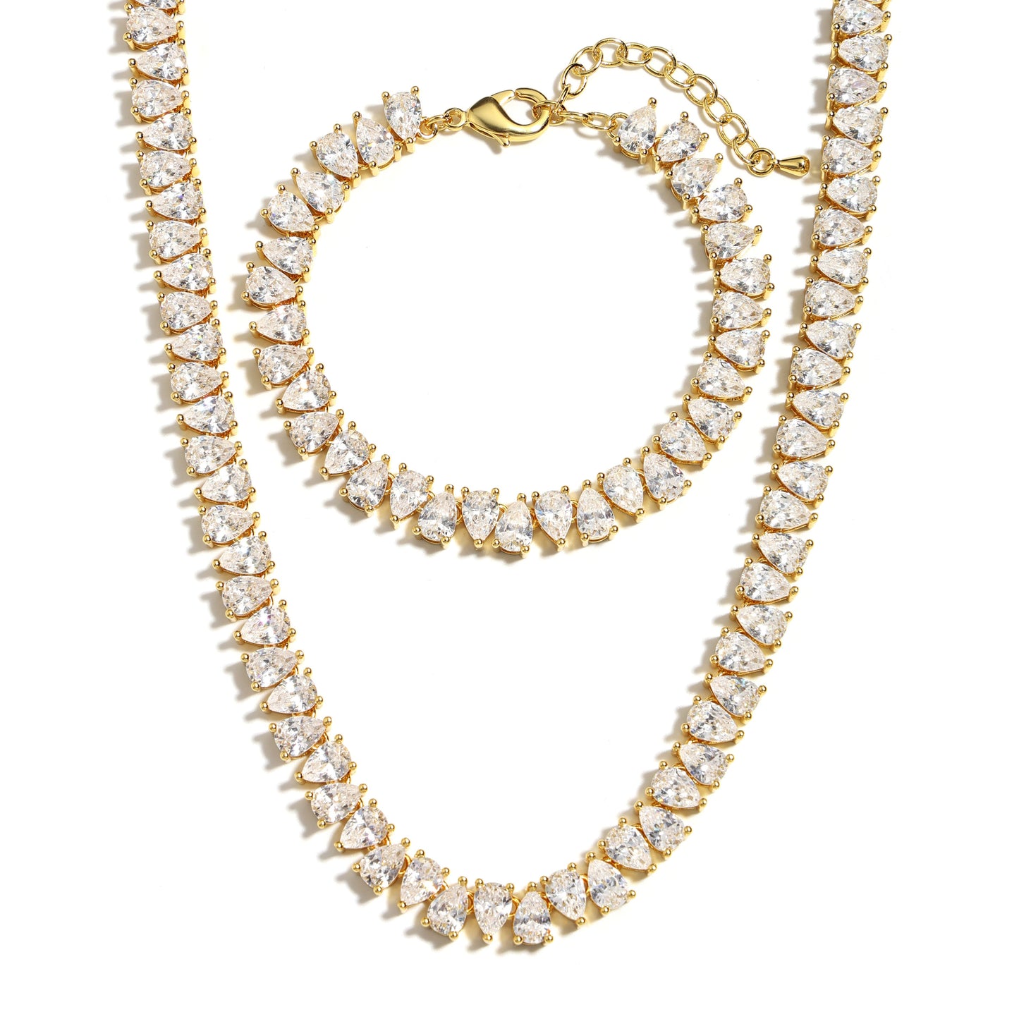Gold Plated Pear Tennis Necklace CZ Paved Link Chain