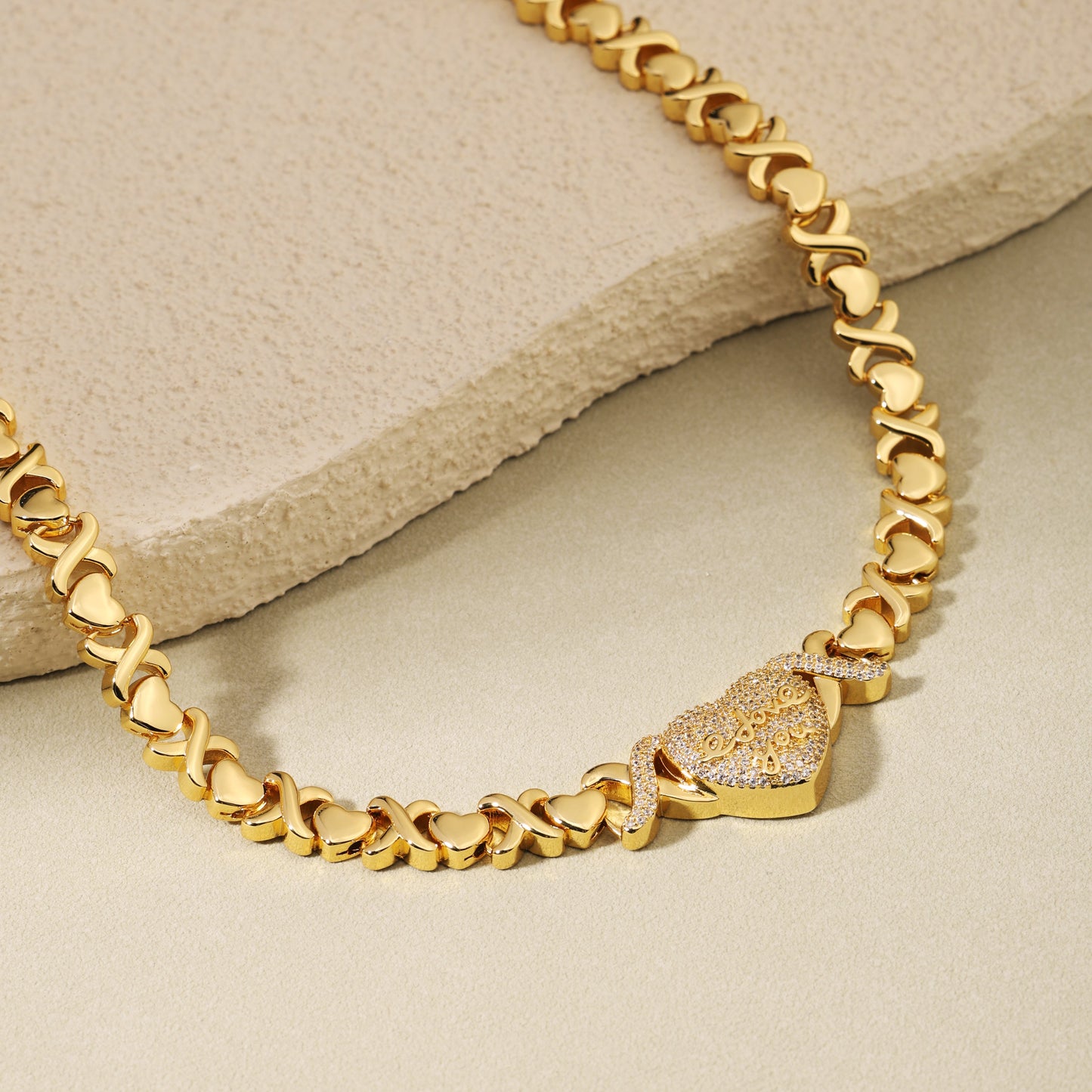 Engraved Heart Pendant Necklace with XO Chain Links